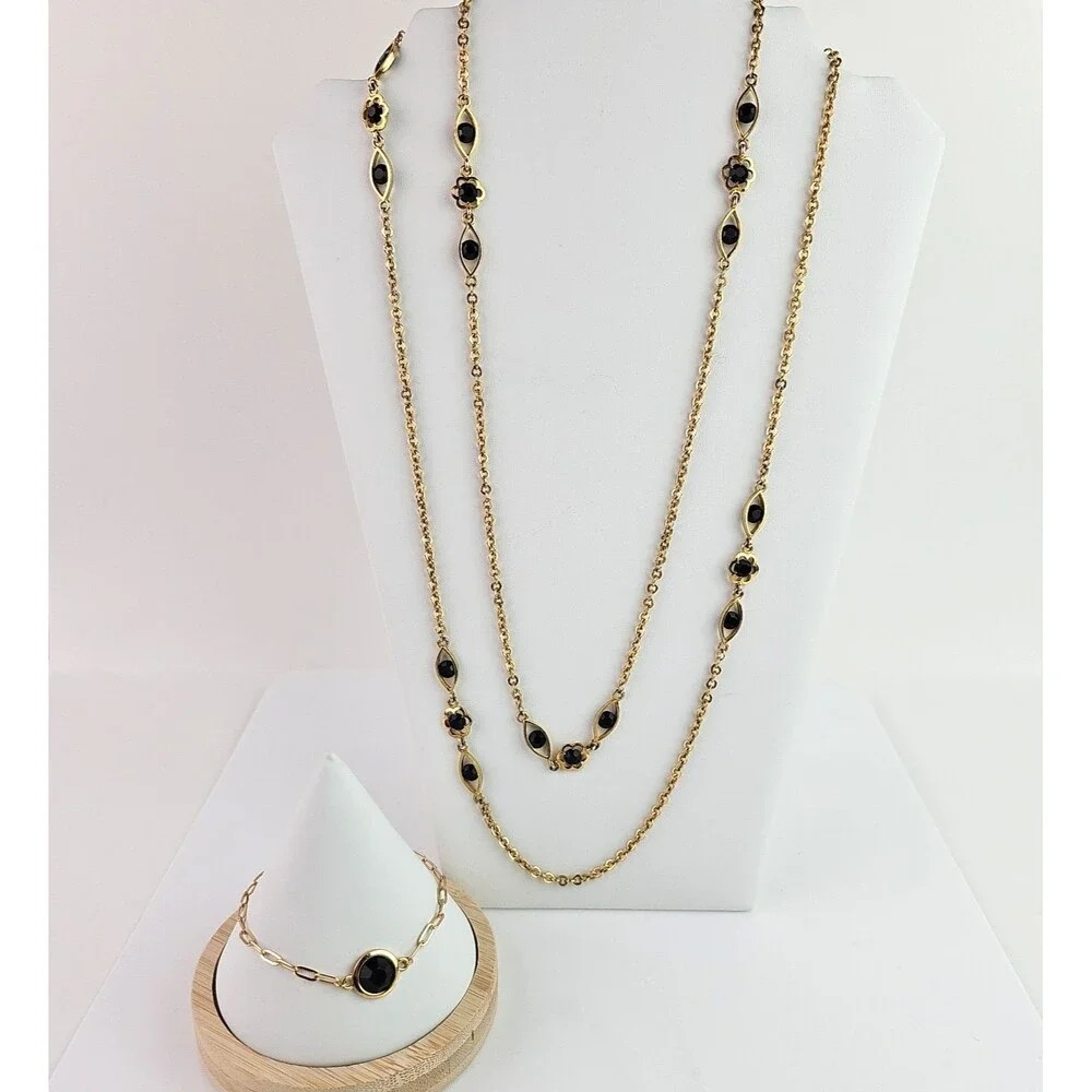Vintage Long Gold Tone Necklace Black Faceted 52 inch and Bracelet Bezel Setting